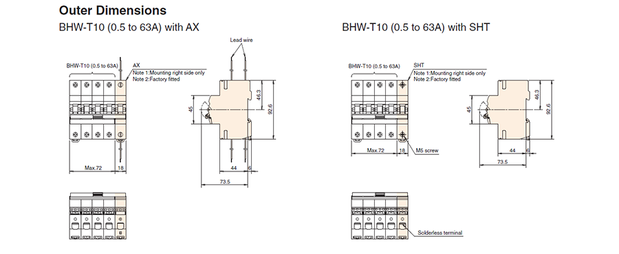 Kích thước bên ngoài của các phụ kiện rời của MCB BHW-T10 2P có dòng từ 0.5 đến 63A