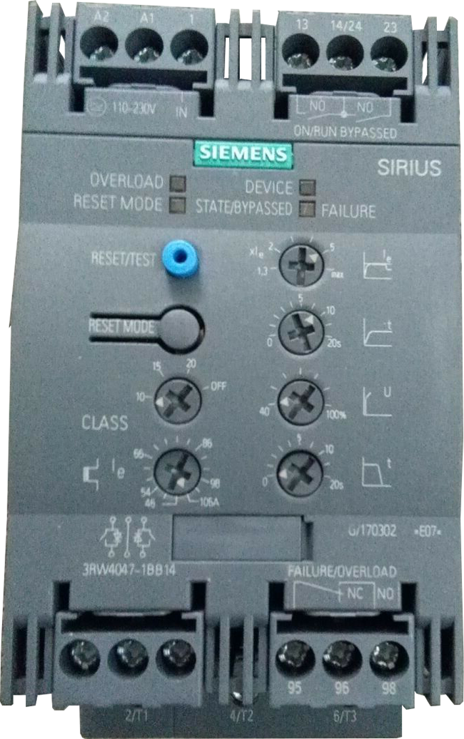 Siemens 3RW4047-1BB14: Khởi động mềm SIRIUS soft starter S3 106 A, 55 kW/400 V, 40 °C 200-480 V AC, 110-230 V AC/DC Screw terminals