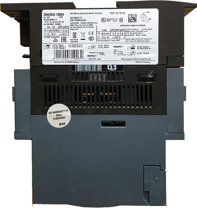 Siemens 3RW3036-1BB04: Khởi động mềm SIRIUS soft starter S2 45 A, 22 kW/400 V, 40 °C 200-480 V AC, 24 V AC/DC Screw terminals